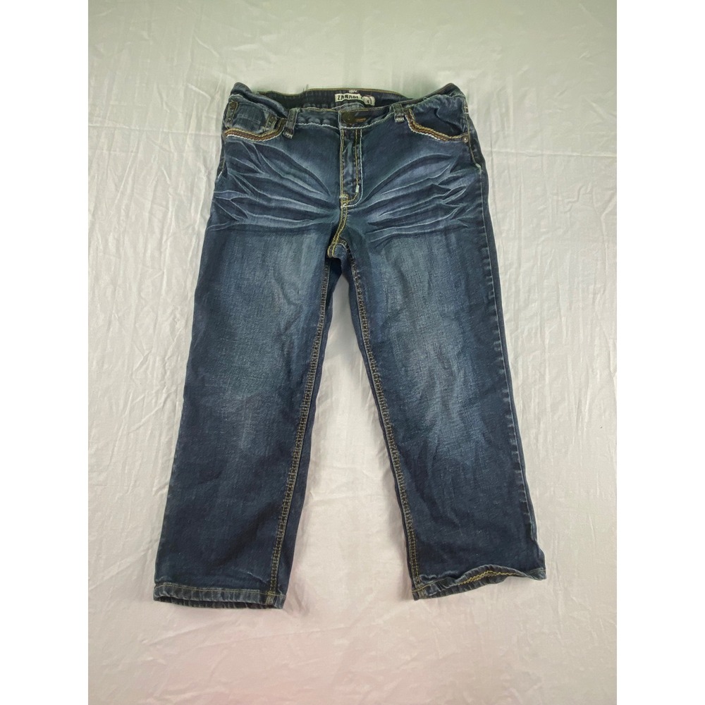 Zanadi Women 14 Blue Denim Capri Jeans Whiskered Dark Wash Contrast Stitch